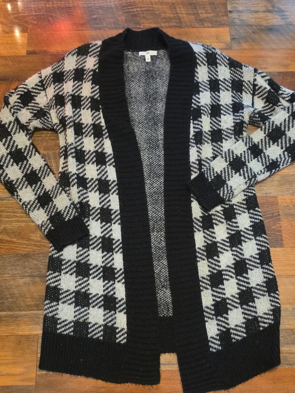 bp Black & Cream Plaid Open Front Cardigan